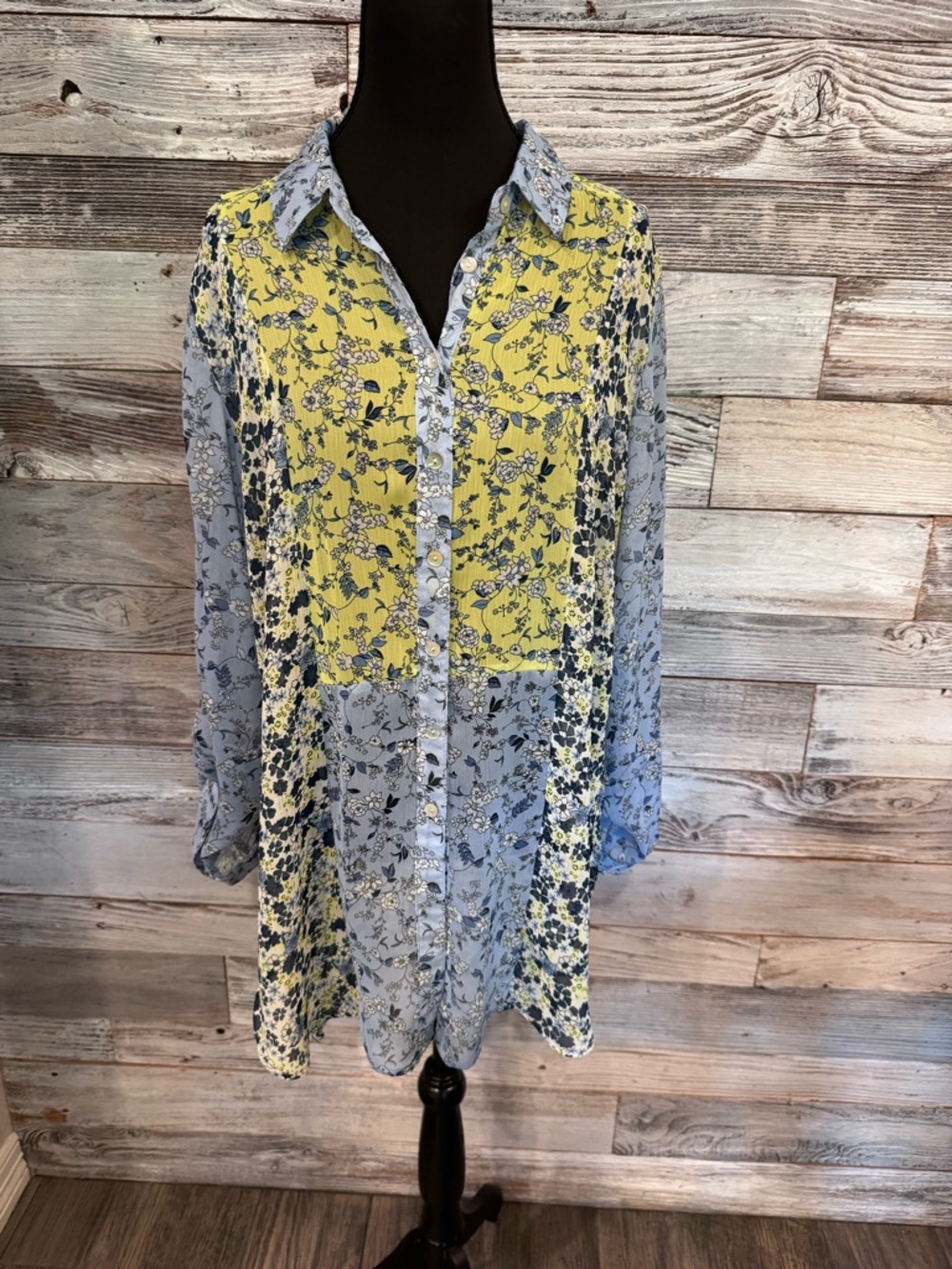 NWT fig and flower Sheer Yellow and Light Blue Floral Panel Button-Up Tunic